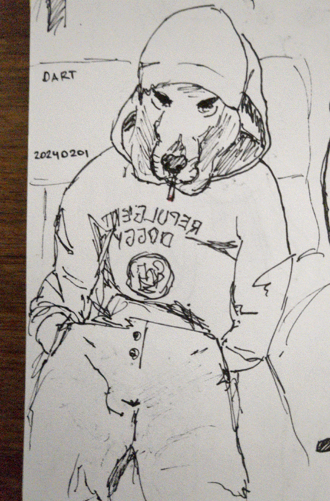 fineliner sketch of an old dog with baggy clothes smoking a dart