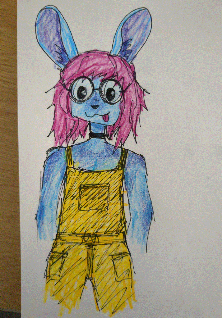 a blue rabbit with pink hair, wearing yellow overalls