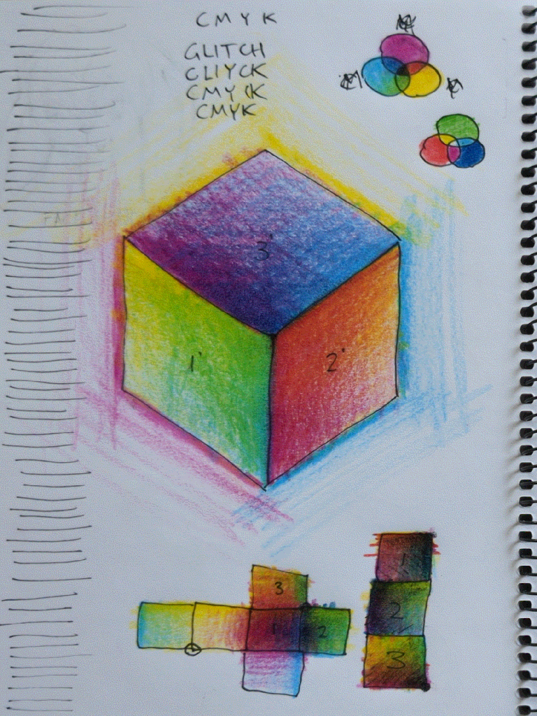 a cube shaded with different colours of pencil