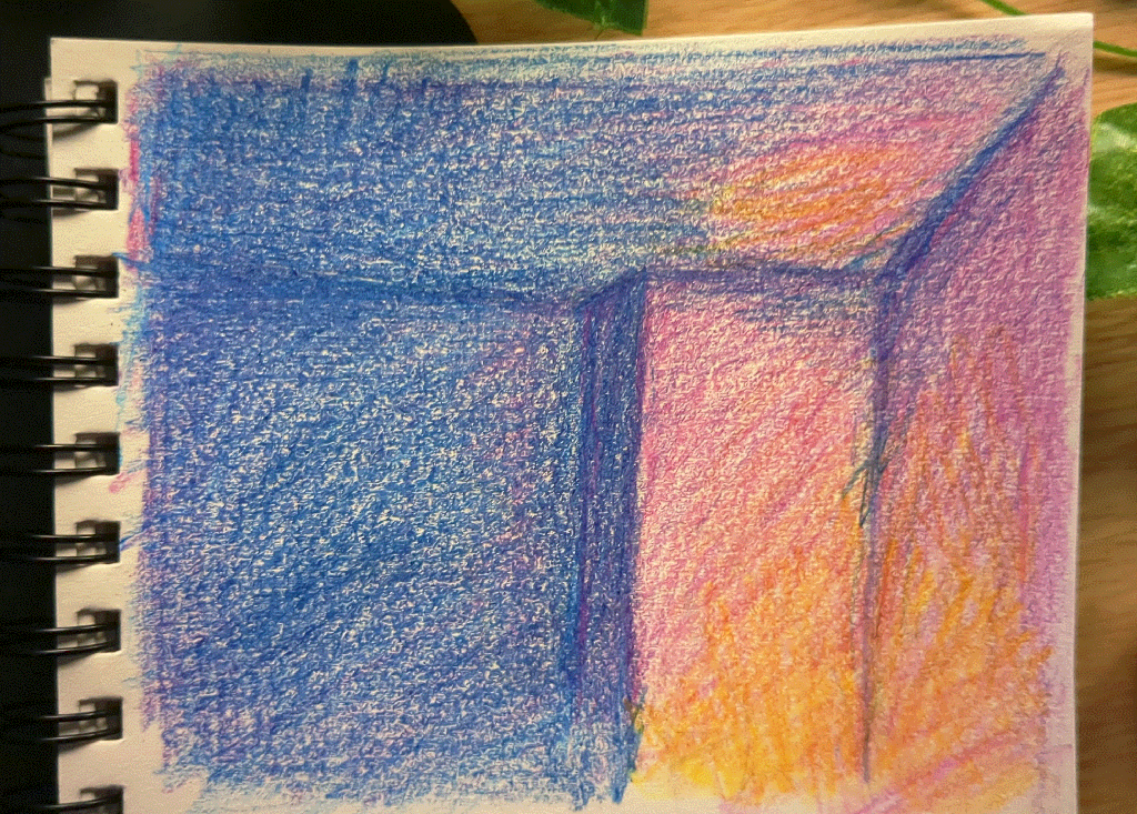 coloured pencil rendering of warm light bouncing off the walls and ceiling in a room