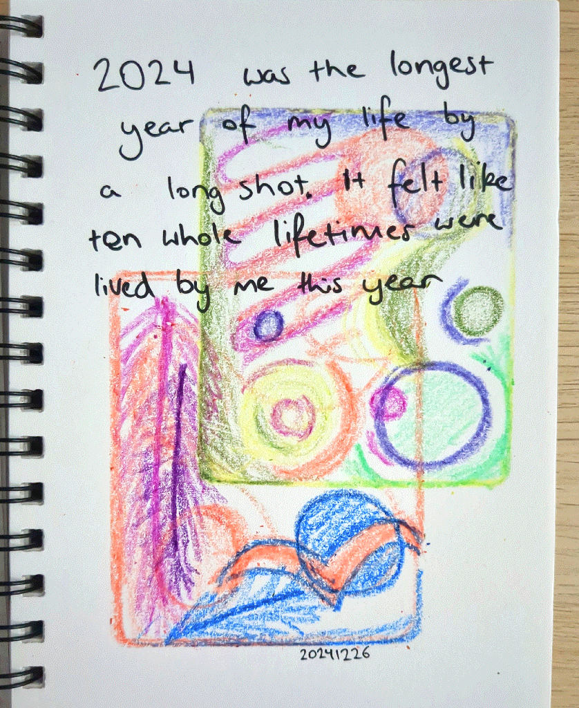 abstract crayon drawings behind some text reflecting on the year of 2024.