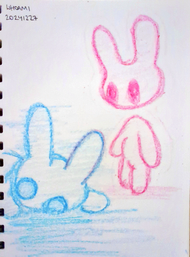 crayon drawing of two rabbits, a magenta rabbit is standing and looking at a cyan rabbit laying on the floor in despair.