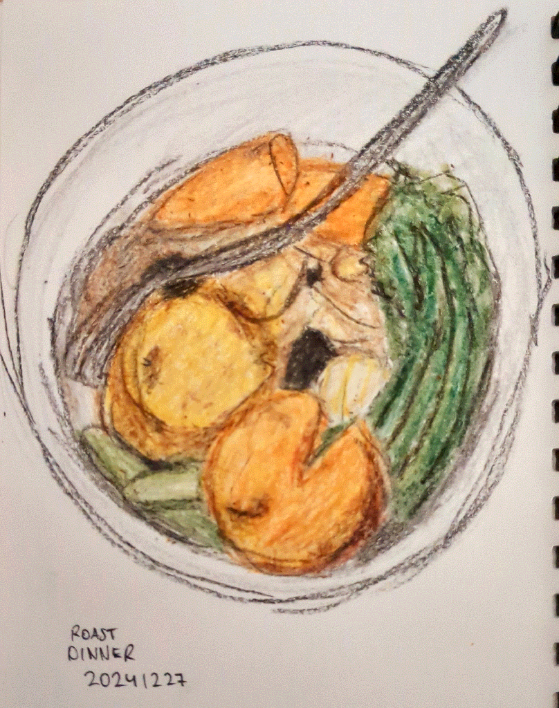 crayon drawing of my roast dinner, showing chicken, potatoes, broccolini, and perhaps more.