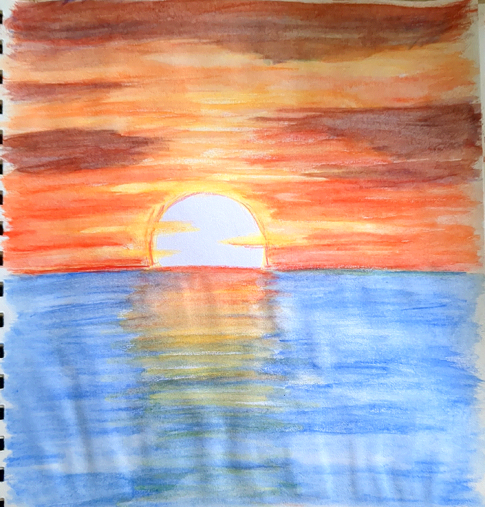 watercolour painting showing an orange sky and blue ocean at sunset
