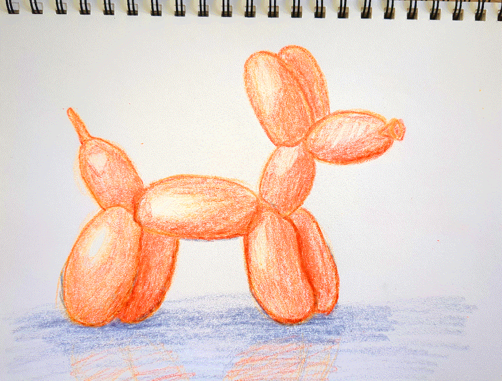 crayon drawing of an orange balloon animal dog