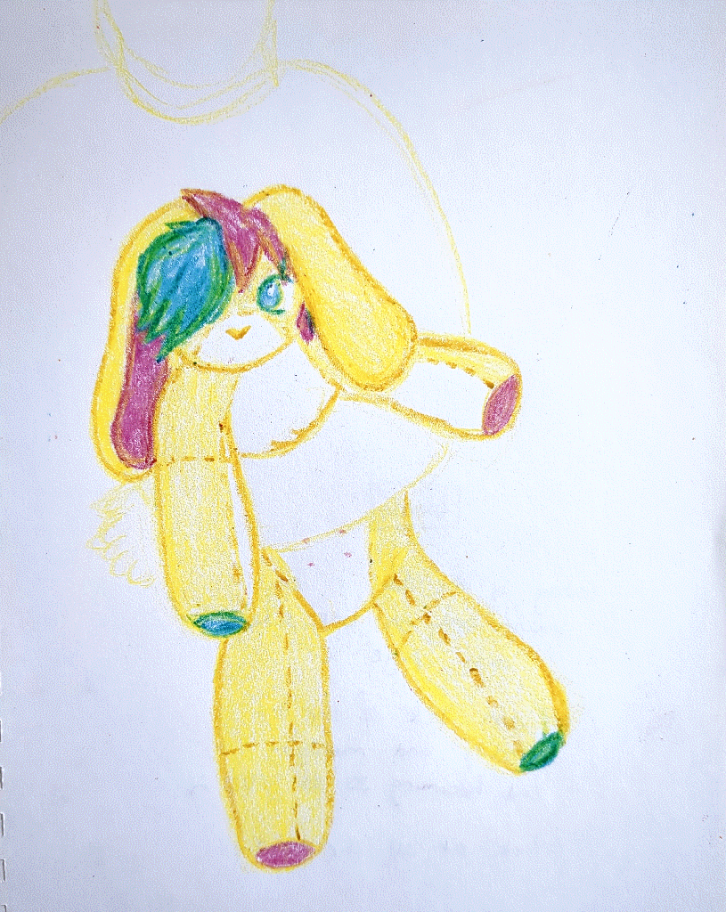 gitchy as a plushie, being held and hugged.