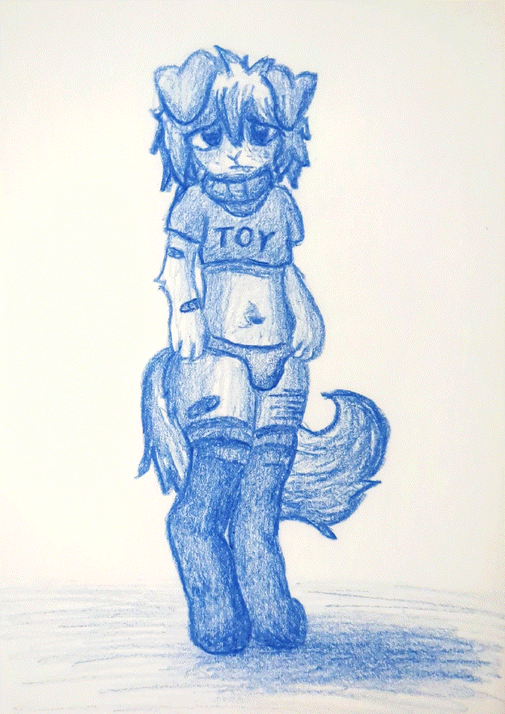 sad and abused dog furry, partially nude with a crop top that says 'toy' on it