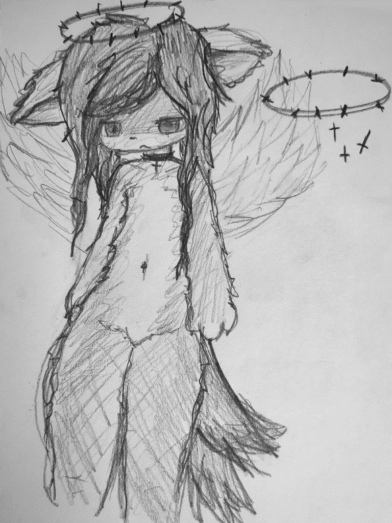 greylead drawing of an angel with a barbed wire halo