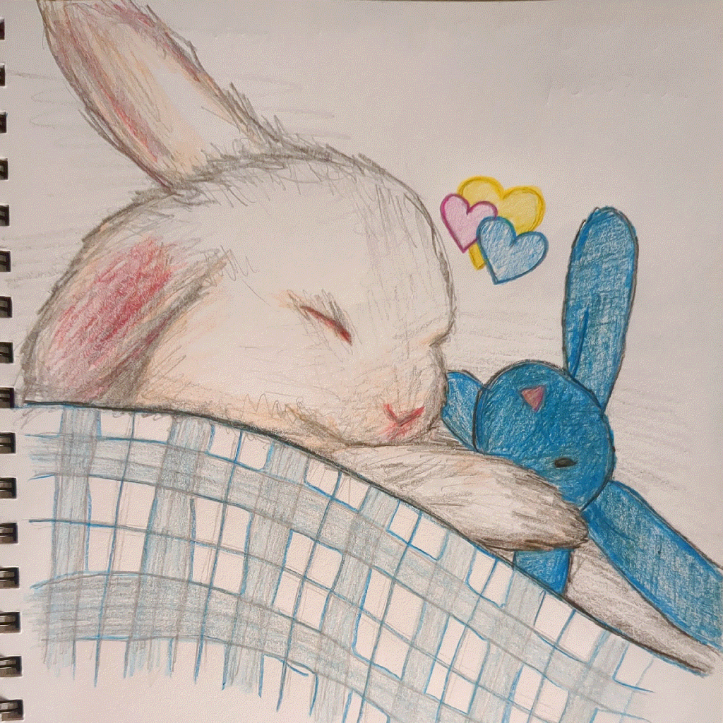 white rabbit tucked into bed, cuddling a blue bunny plushie