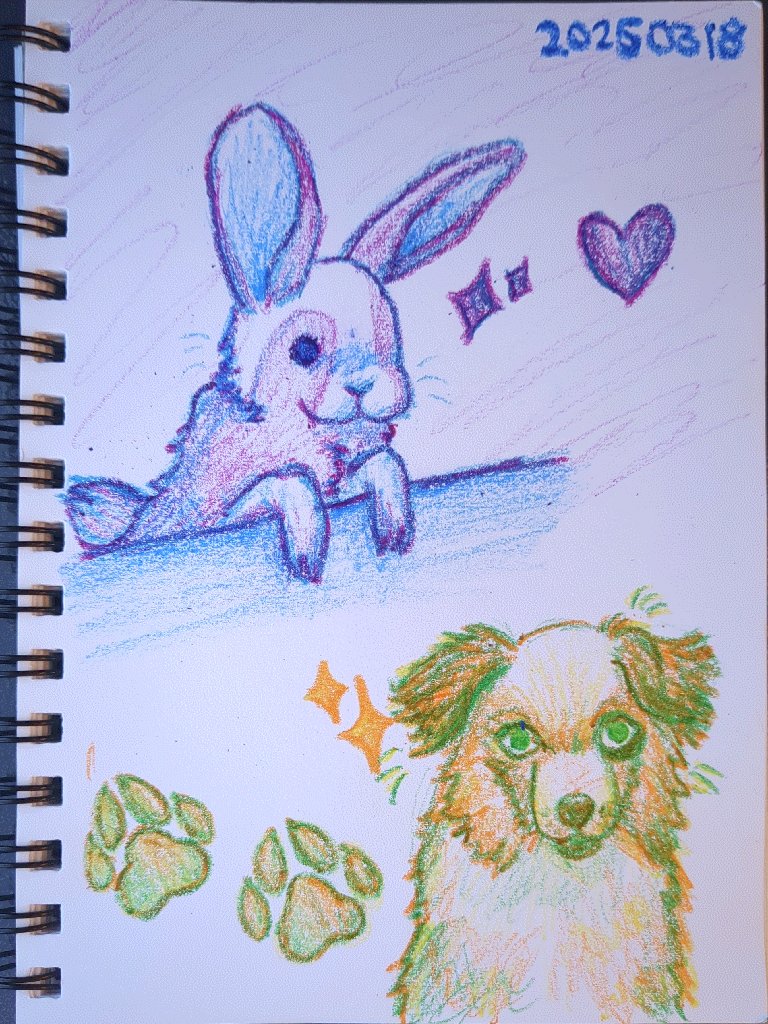 crayon drawings of a purple rabbit and an orange/green dog