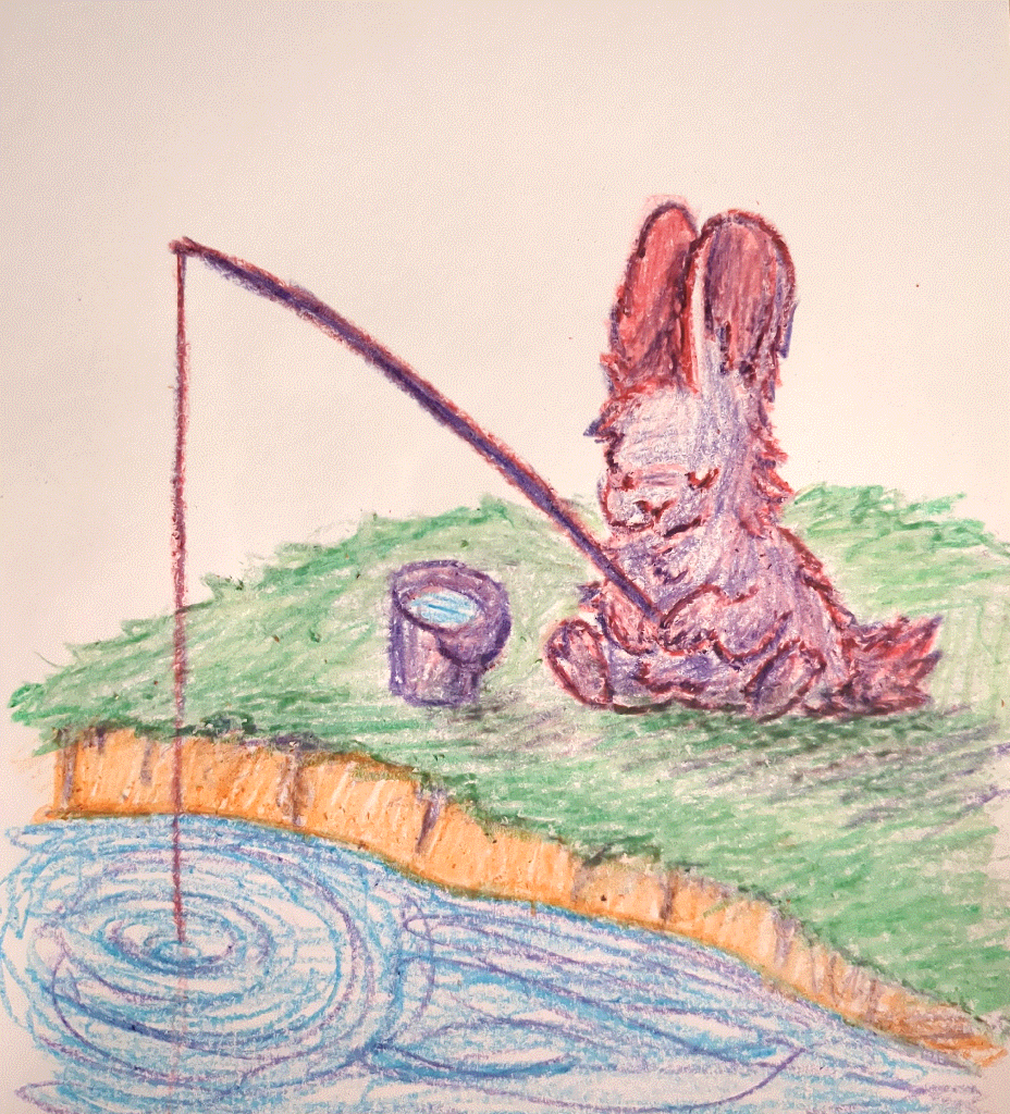 a bunny sitting by a small pond and fishing