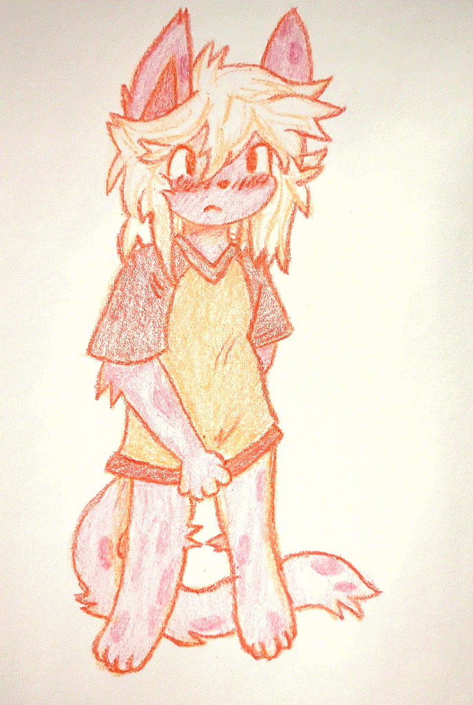 an embarrassed cat furry holding its tshirt down since it forgot to wear pants