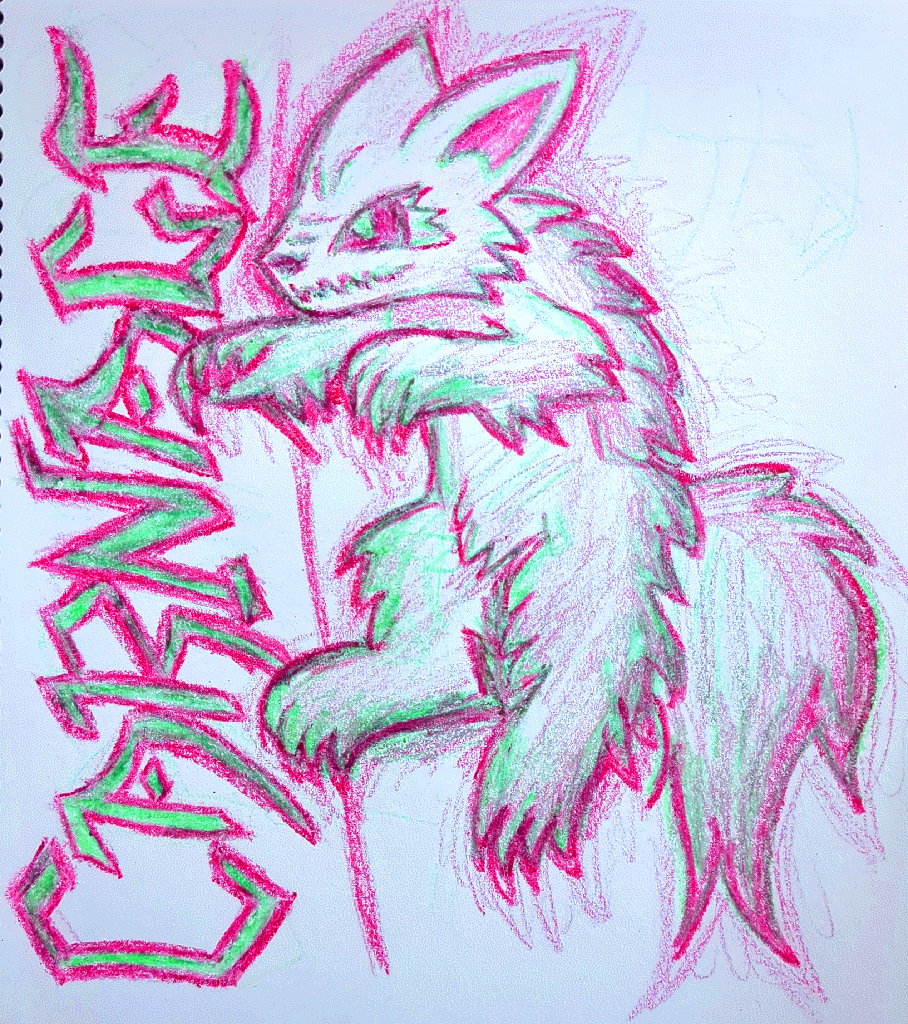 pink and green rabid wolf creature, next to the text 'carnage'