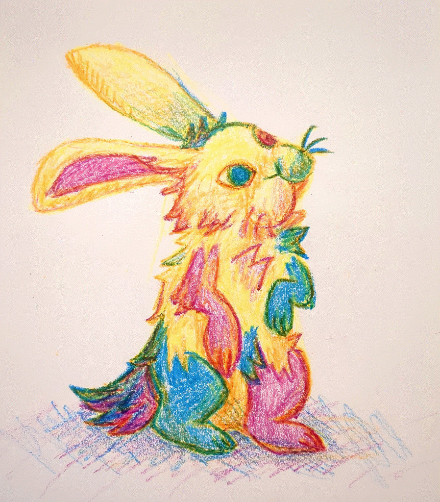 wild yellow rabbit with cyan and magenta limbs