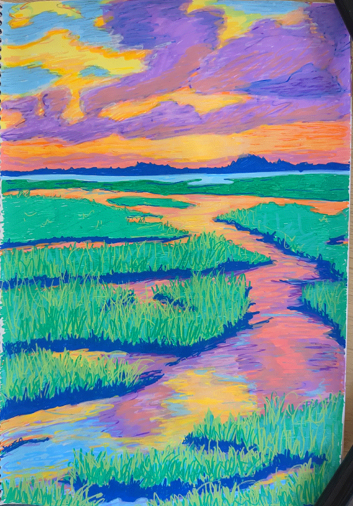 colourful swamp at sunset, the orange and purple clouds reflecting off the water