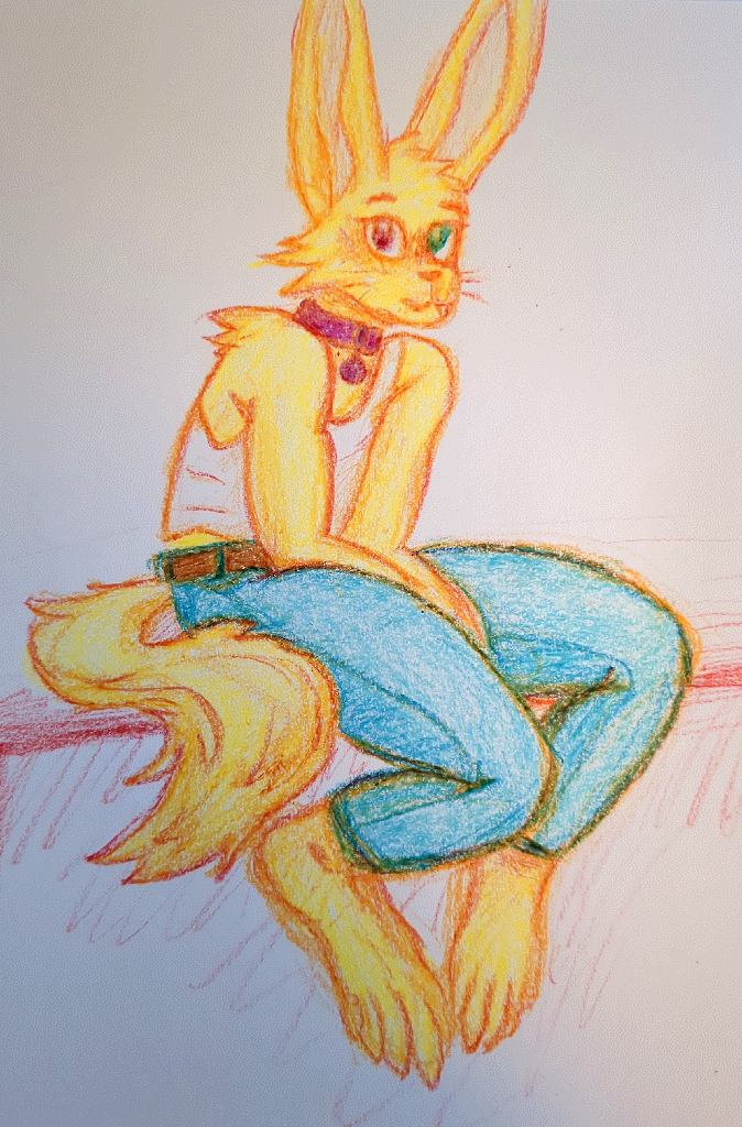 rabbit furry with cyan and magenta eyes and anatomical paws