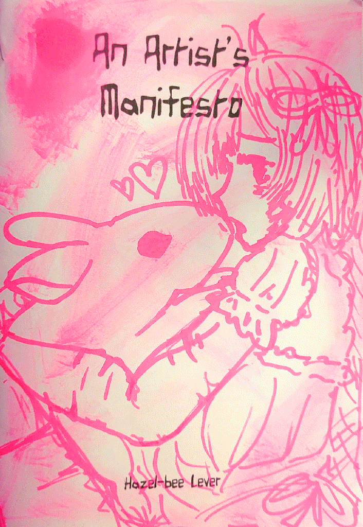 highlighter drawing of a girl hugging her rabbit, drawn over the cover of 'an artist's manifesto' by hazel-bee lever