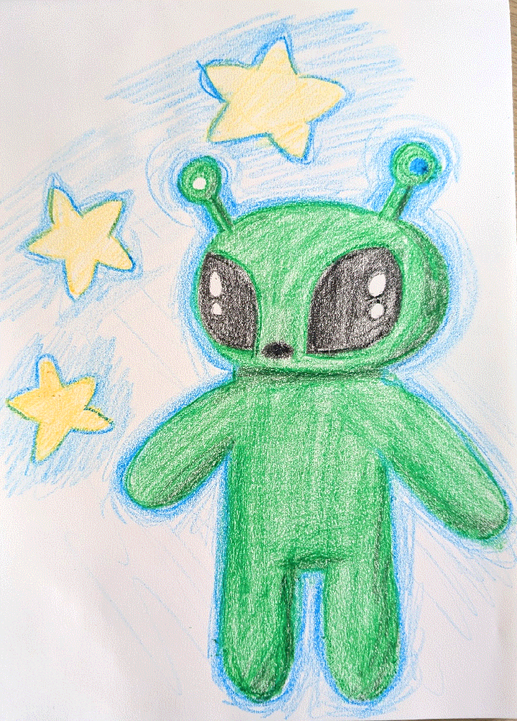 the alien plushie from ikea with three stars around it