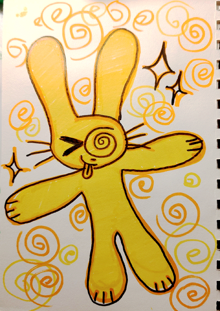 redraw of a previous silly bunny drawing, coloured yellow and surrounded by yellow and orange spirals