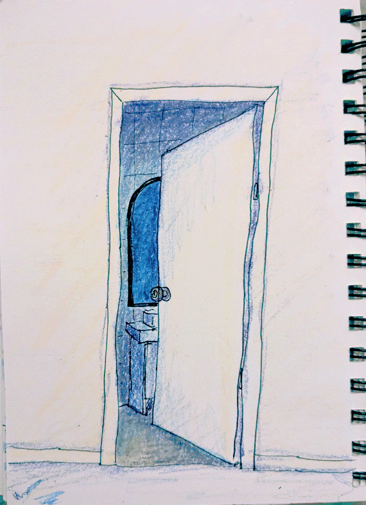 a half open door peering into a bathroom. the mirror is glowing an intense blue light which floods the rest of the bathroom.