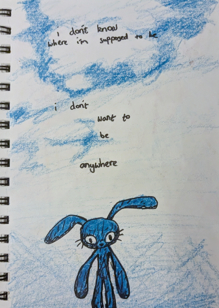 a blue rabbit standing in front of a cloudy sky, with the text 'i don't know where i'm supposed to be. i don't want to be anywhere' written over the clouds.