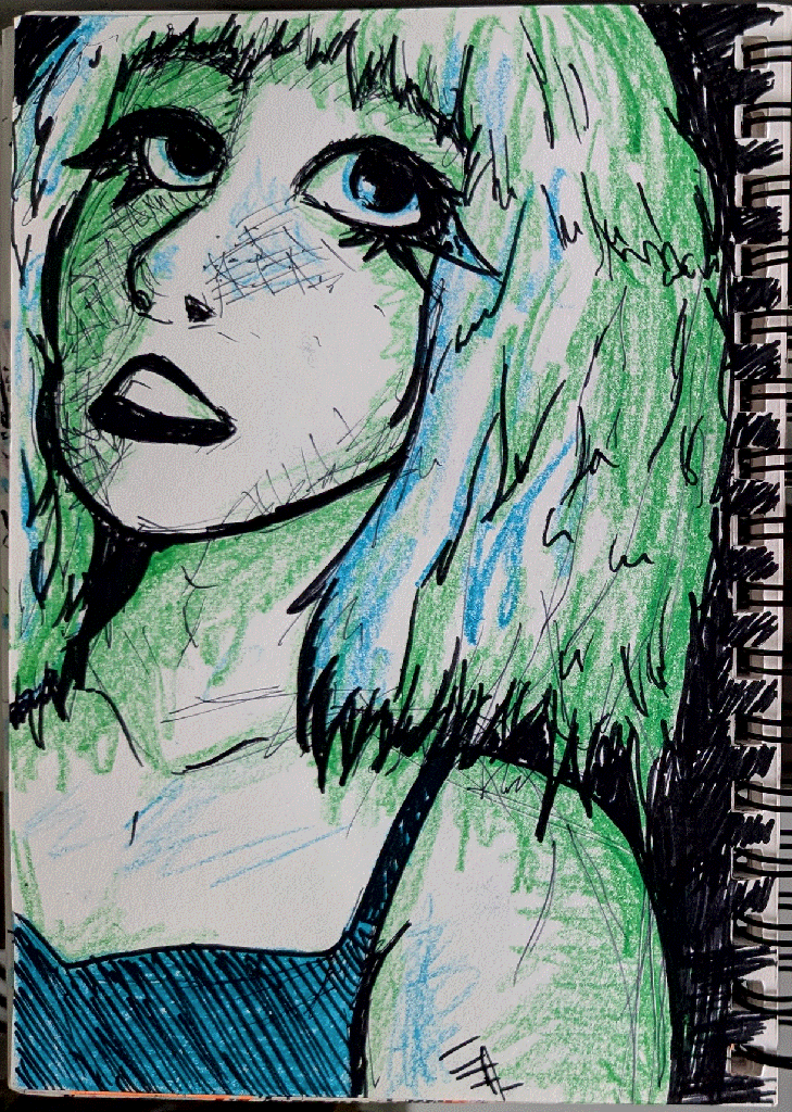 closeup drawing of a girl with short shaggy hair, black lipstick and winged eyeliner. shaded with blue and green crayon.