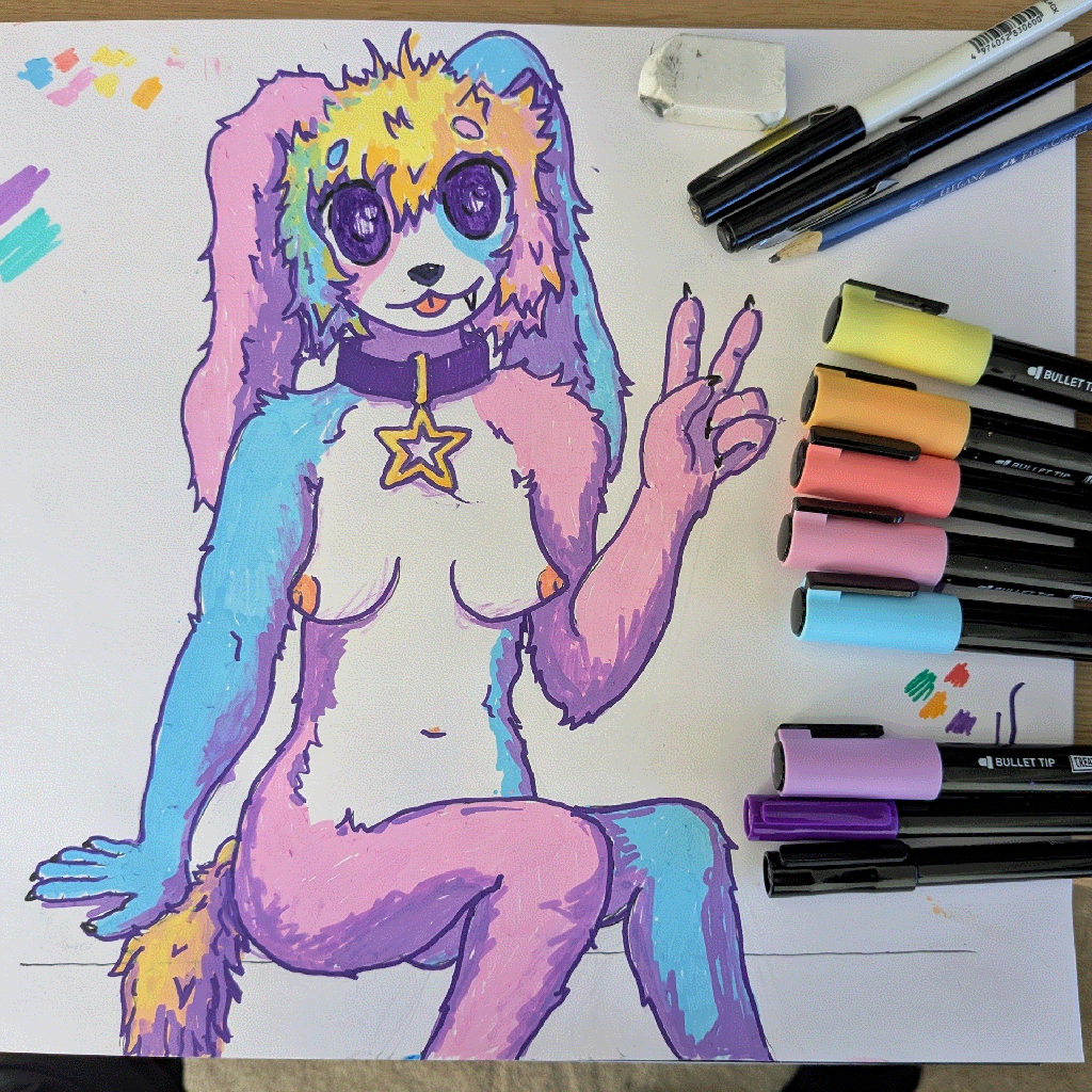 rabbit furry with white cyan and pink fur, wearing nothing but a collar with a star pendant. its tongue is sticking out.