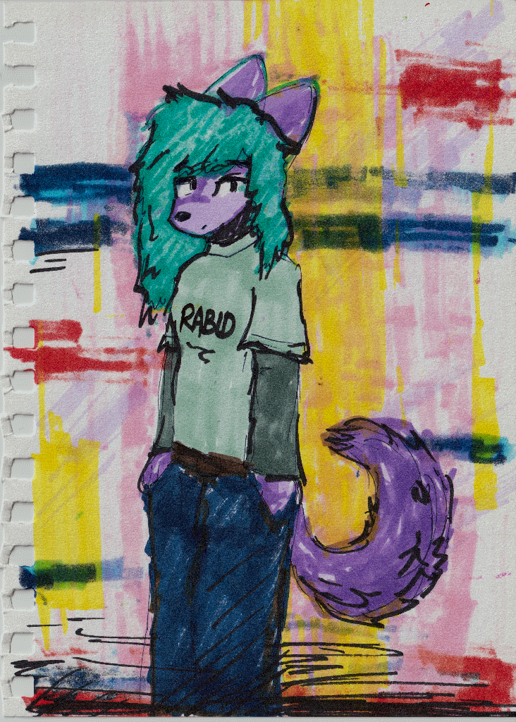 canine person with green-dyed hair wearing a t-shirt that says 'rabid'.