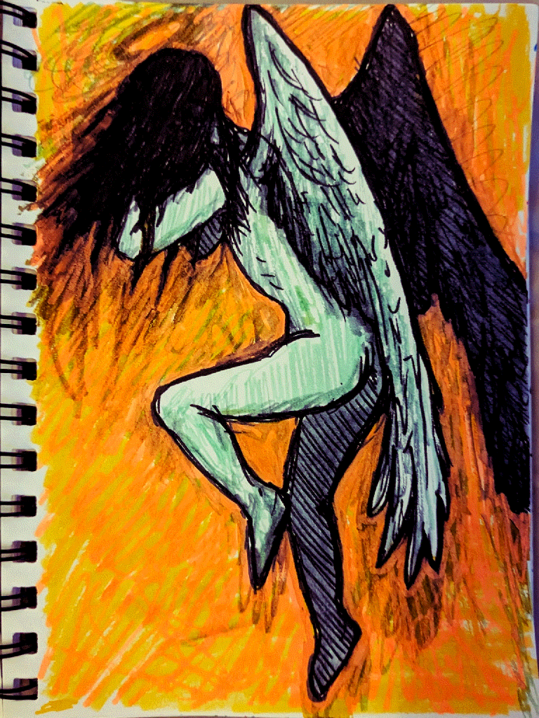 an angel with long black hair holding its face and suspended in an orange void.