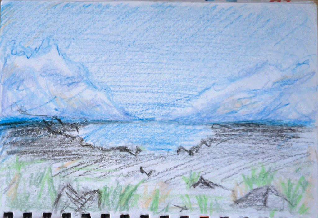crayon sketch of a long rocky shore down towards a lake, framed by clouds.