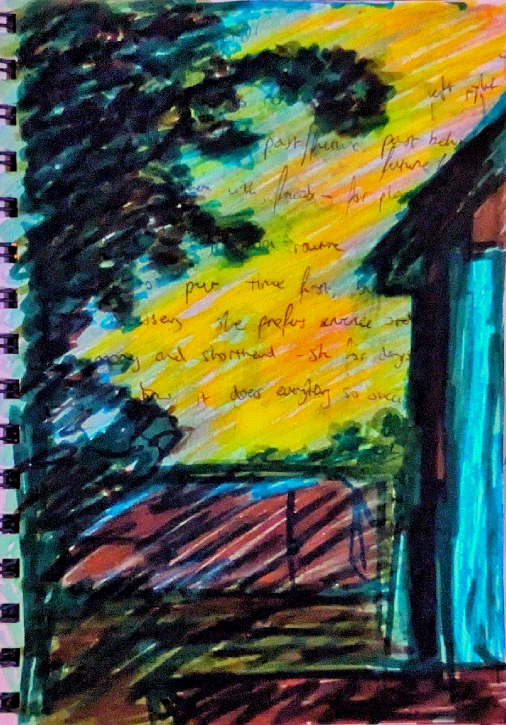 colourful and chaotic depiction of a storm as seen from someone's yard.