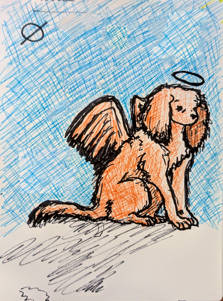 orange angel dog with wings and a halo, drawn in a scribbly style