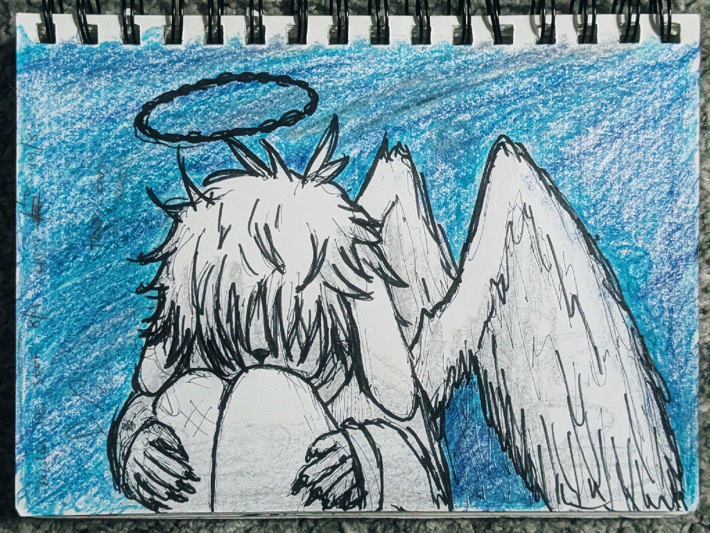 young angel bunny holding its knees and crying