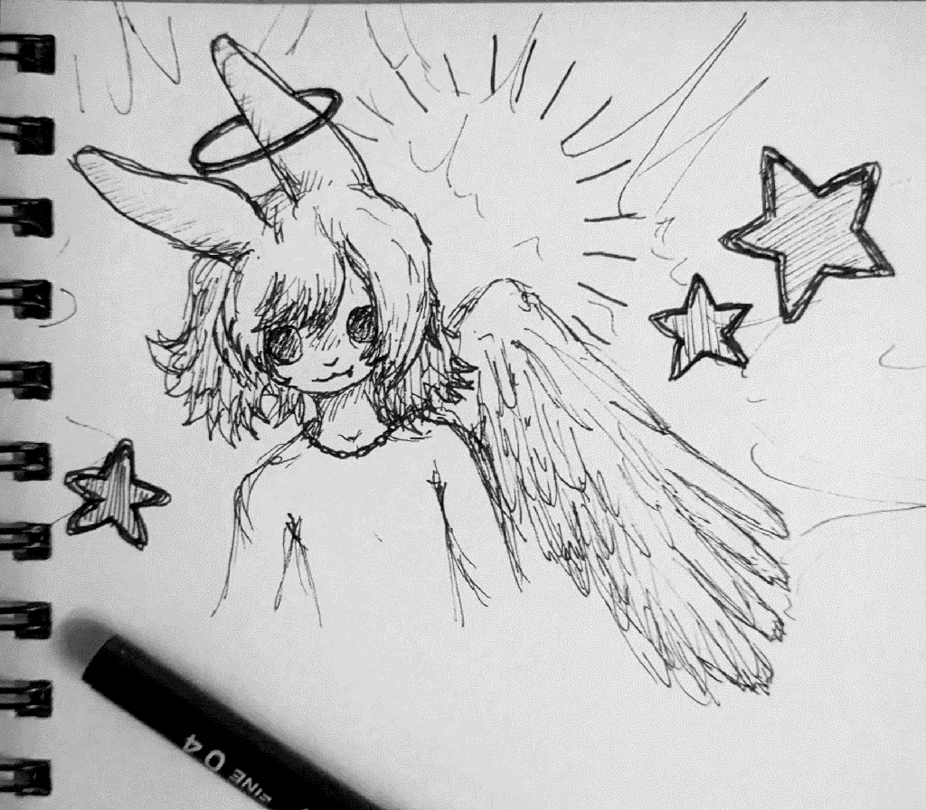 angel with rabbit ears, one of which is going through its halo. stars surround the angel.