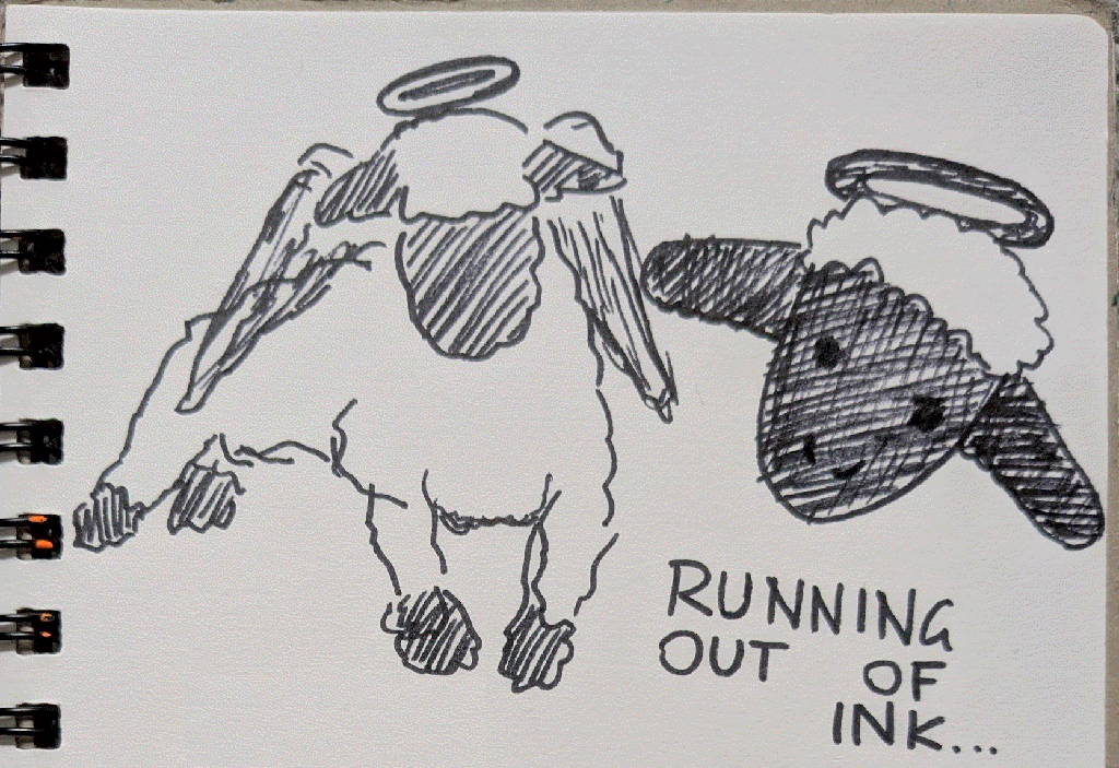 two sheep with halos, the text 'running out of ink' written below.