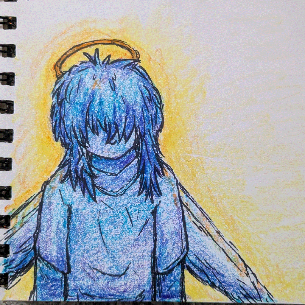 blue angel with its face hidden and wings down, a golden yellow halo above its head