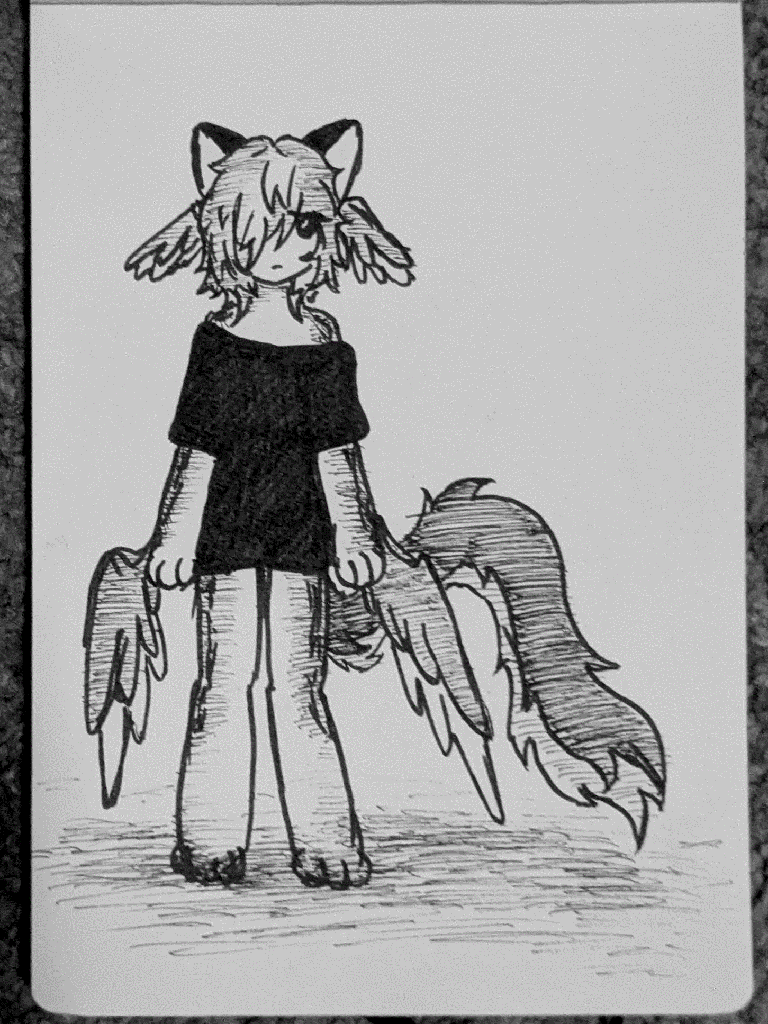 drawing of an angel-like creature, with short shaggy hair, cat ears and a long fluffy tail. tiny wings sprout from behind its ears and wrists.
