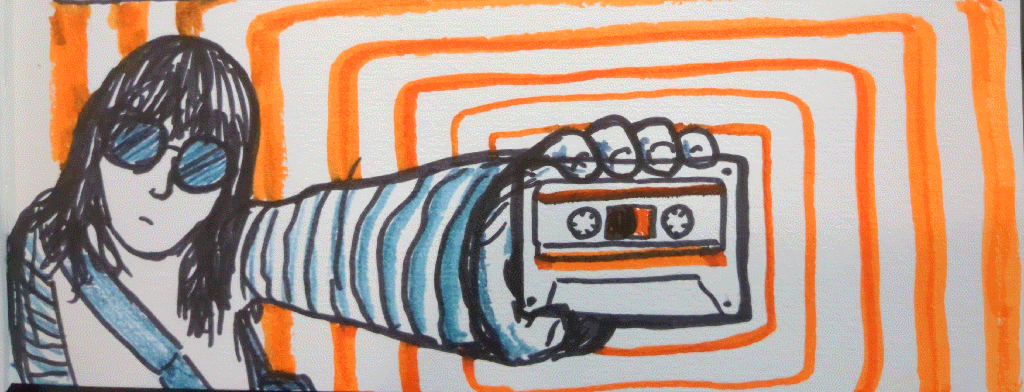 stylised depiction of a friend holding up a cassette tape, bright orange lines radiating out around it.