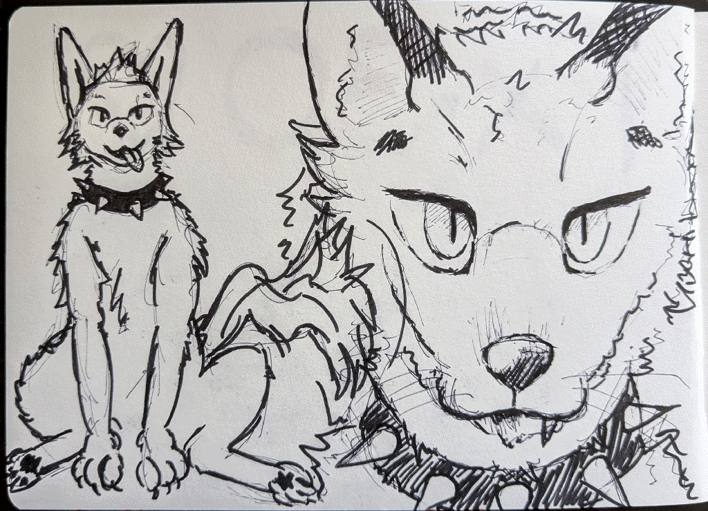 two drawings of a canine wearing a spiked collar, one showing it sitting with its tongue out, the other a more serious zoomed-in version of its face
