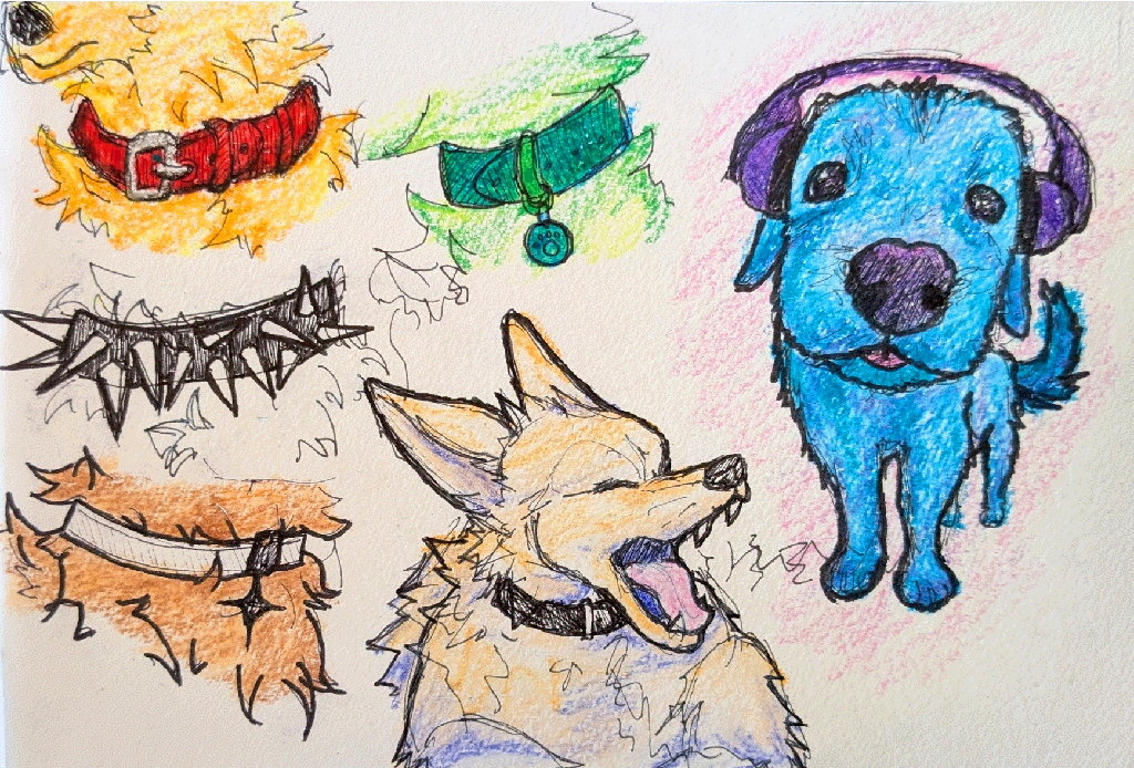 drawings of various dogs and collars in different colours