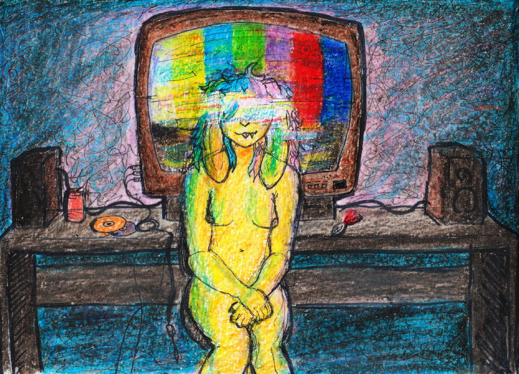 gitchy sitting in a dark room in front of a huge CRT screen with no signal.