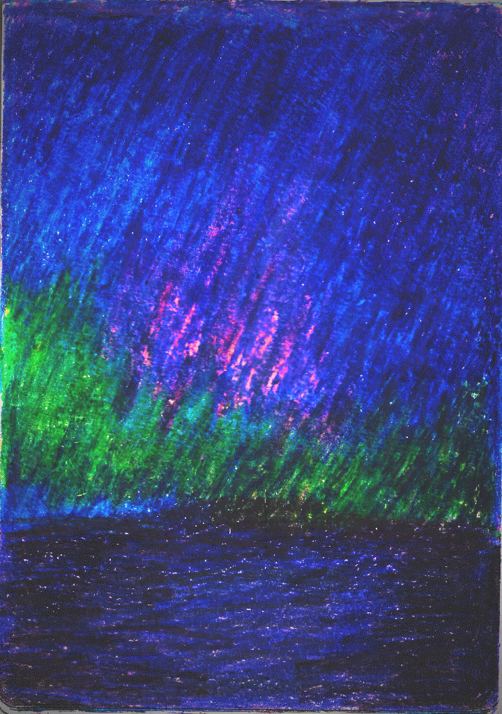 crayon drawing of aurora australis on the southern coastline of naarm