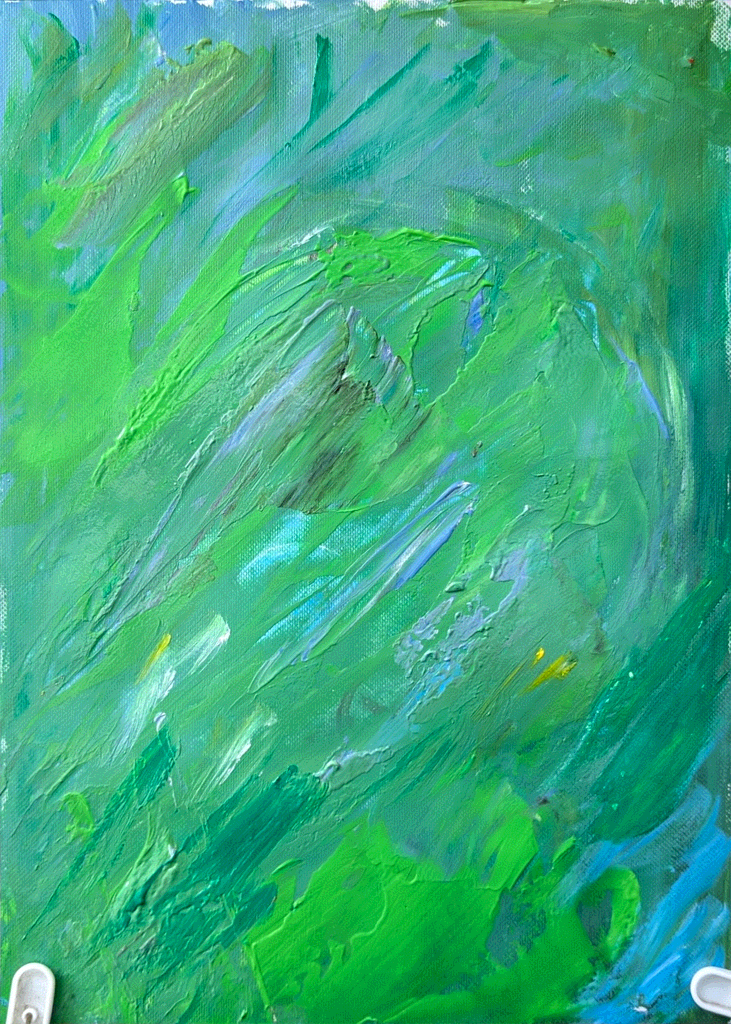 a sprawling impressionist mess of greens and blues