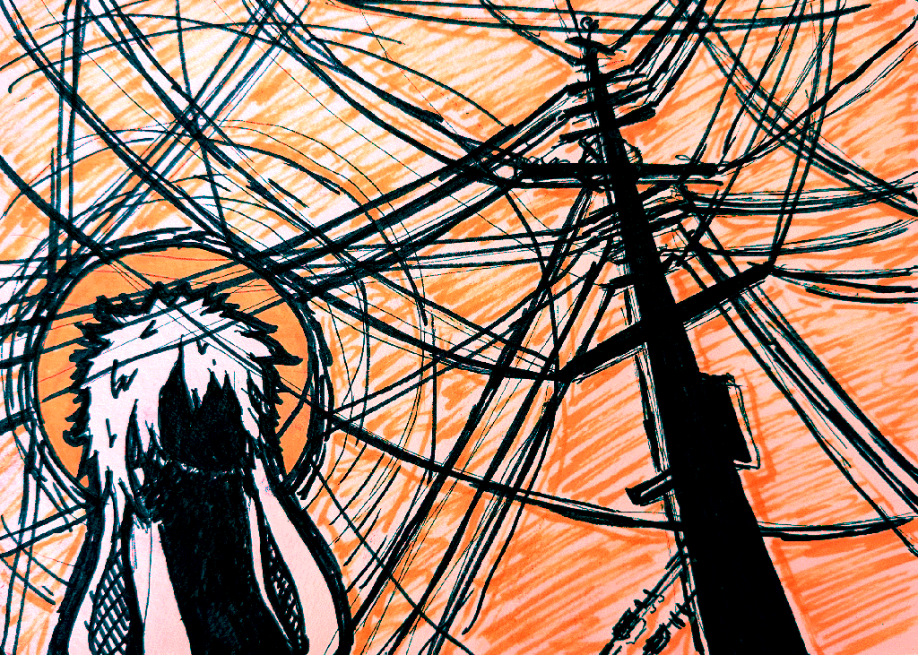 void bunny standing in front of power lines, the sky is vibrant orange