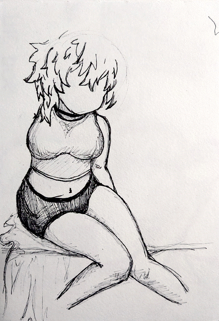 unfinished drawing of a person in their underwear, sitting on the edge of a bed