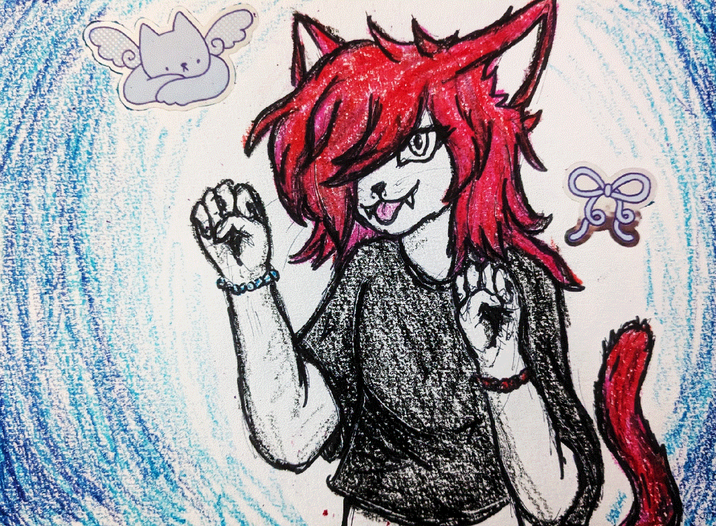 red-haired cat girl holding her hands up like paws and sticking her tongue out