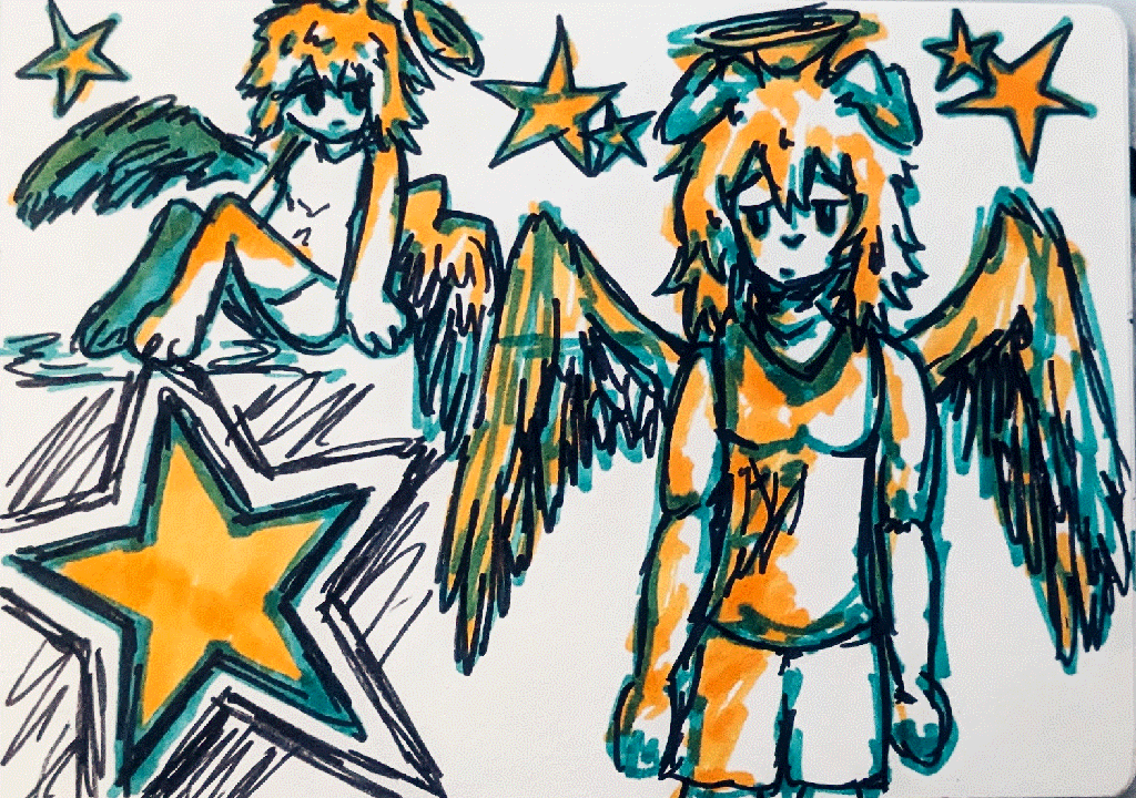 an androgynous angel character drawn in two poses surrounded by stars, both have blank expressions and the drawing is shaded in blue and yellow.