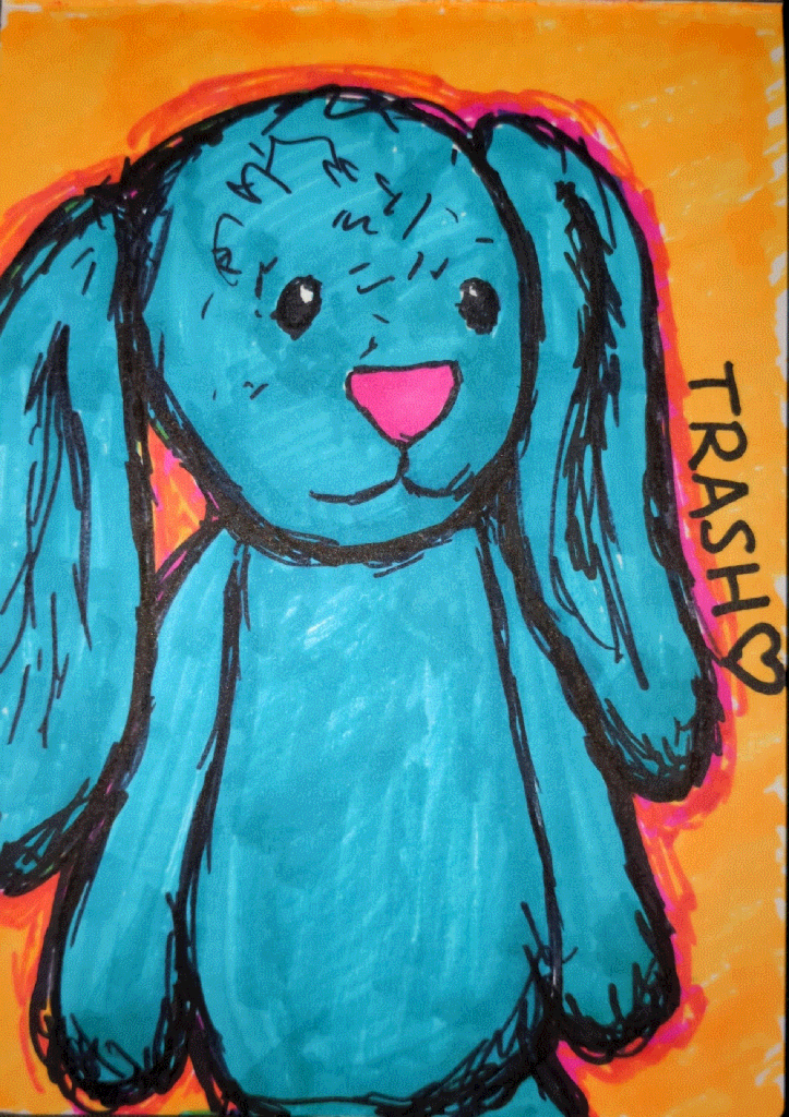 blue rabbit plushie with a pink nose. scribbled next to it is the name 'trash' with a heart symbol.