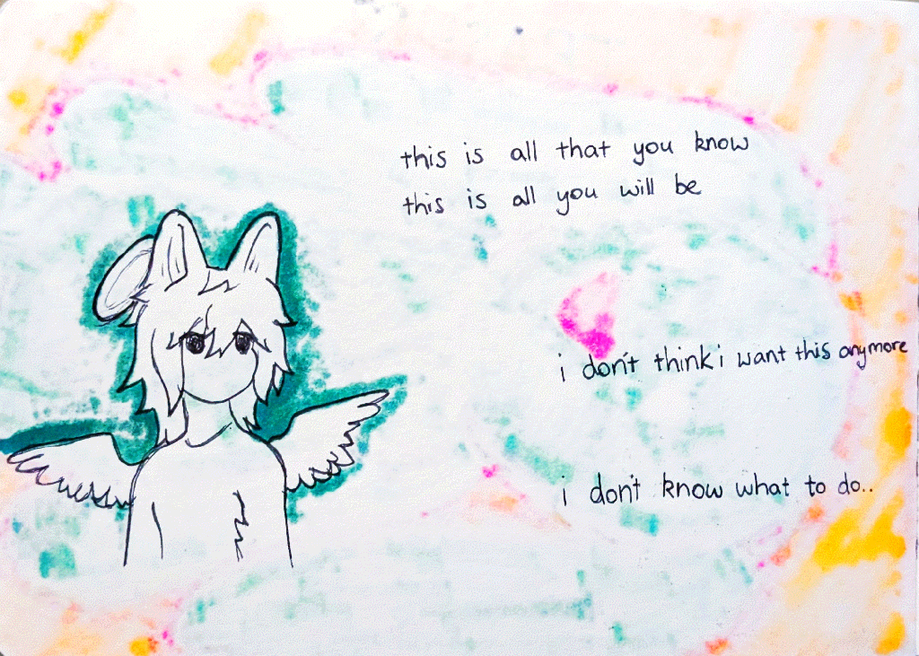 an angel in a white void, next to the text 'this is all that you know, this is all you will be. i don't think i want this anymore. i don't know what to do...'
