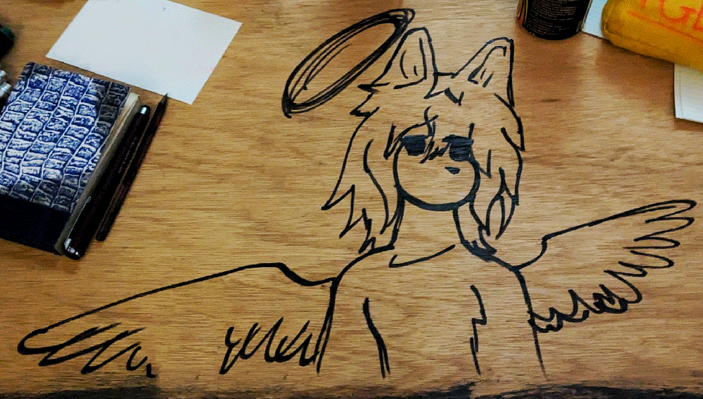 a redraw of 'suffocating' on a piece of wood, showing an angel creature looking off into the distance.